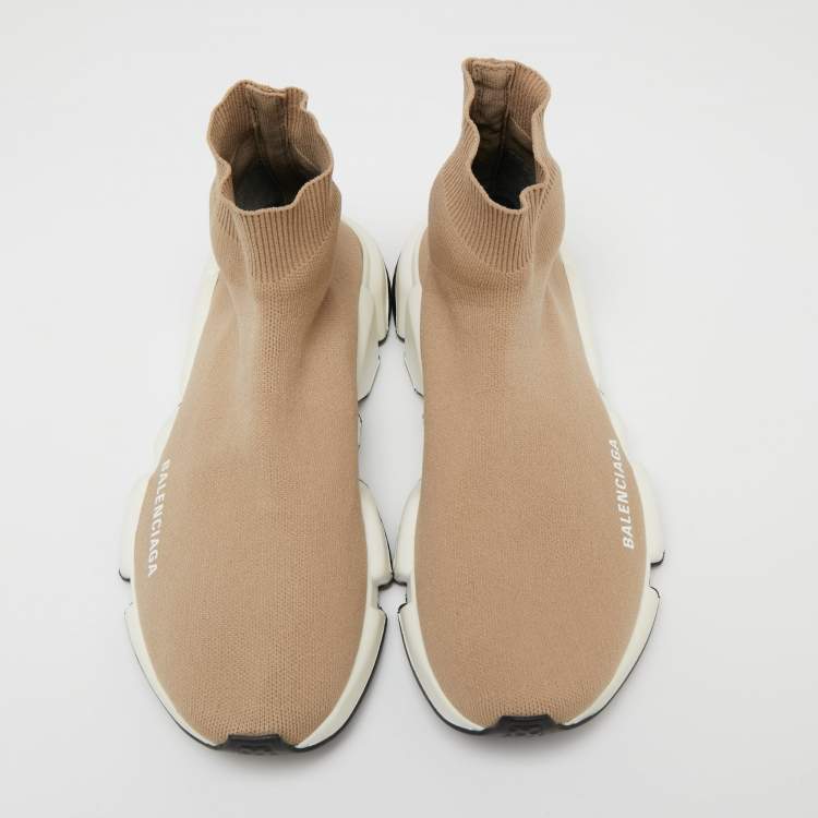 Pre Owned Balenciaga Light Brown Knit Fabric Speed Trainer Sneakers Size 39