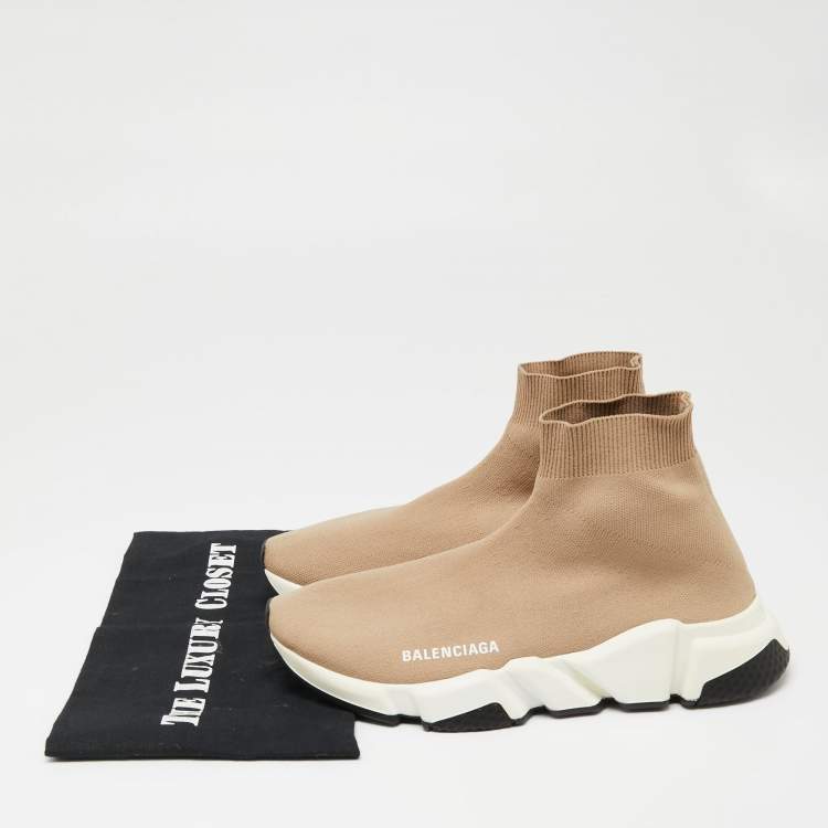 Pre Owned Balenciaga Light Brown Knit Fabric Speed Trainer Sneakers Size 39