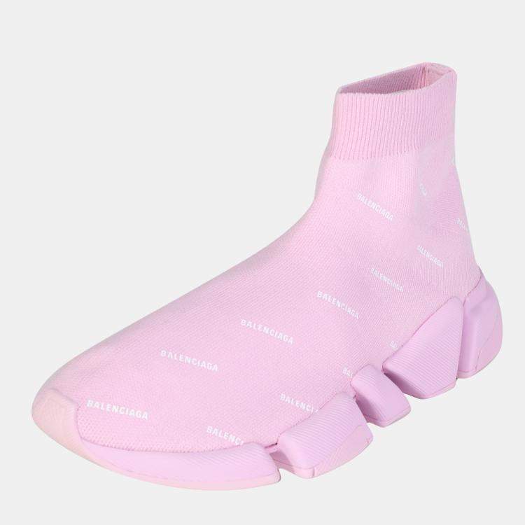 Pre Owned Balenciaga Light pink and white allover logo recycled knit Speed 2.0 Sneaker EU 39