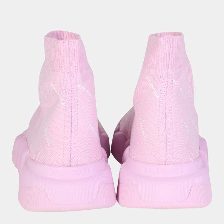 Pre Owned Balenciaga Light pink and white allover logo recycled knit Speed 2.0 Sneaker EU 39