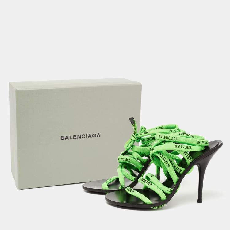 Pre Owned Balenciaga Neon Green Woven Fabric Lace-Up Sandals Size 36