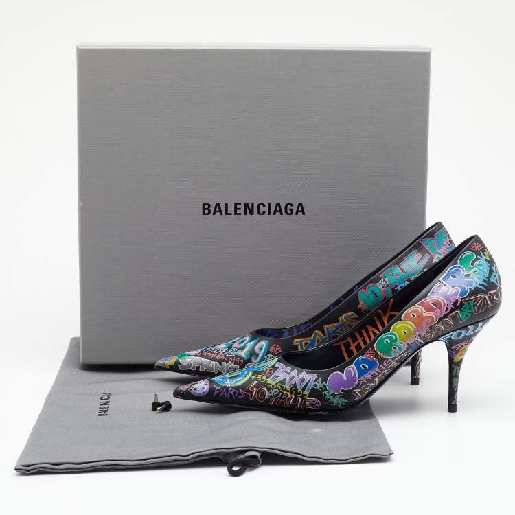 Pre Owned Balenciaga Black Graffiti Leather Knife Pointed Toe Pumps Size 37