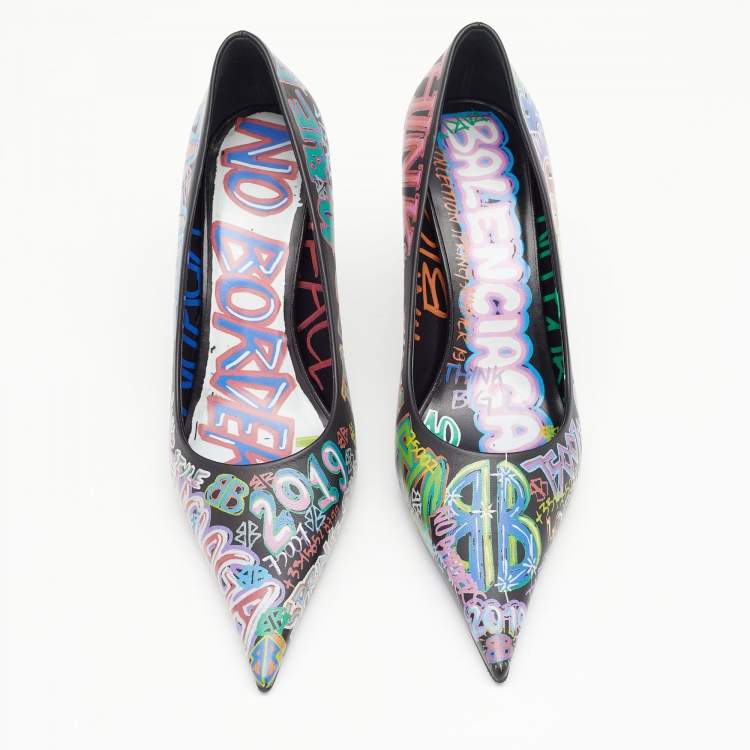 Pre Owned Balenciaga Black Graffiti Leather Knife Pointed Toe Pumps Size 37