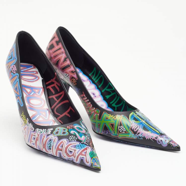 Pre Owned Balenciaga Black Graffiti Leather Knife Pointed Toe Pumps Size 37