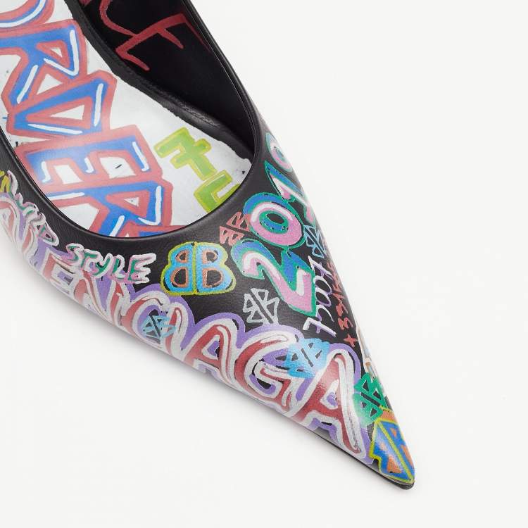 Pre Owned Balenciaga Black Graffiti Leather Knife Pointed Toe Pumps Size 37