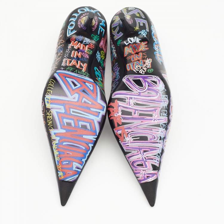 Pre Owned Balenciaga Black Graffiti Leather Knife Pointed Toe Pumps Size 37