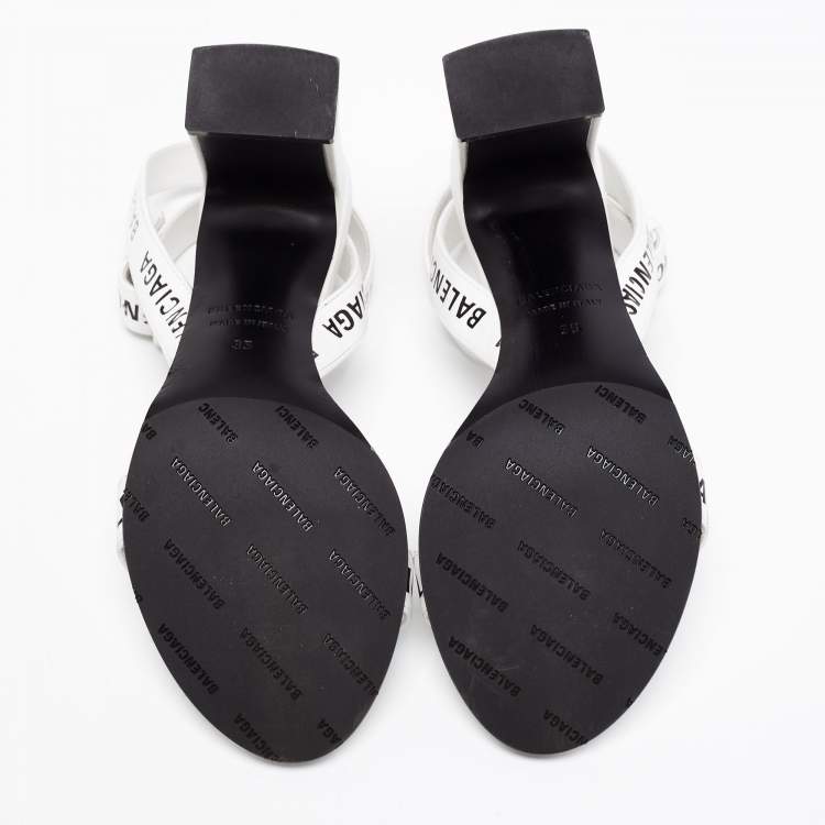 Pre Owned Balenciaga White Leather Logo Round Ankle-Strap Sandals Size 35