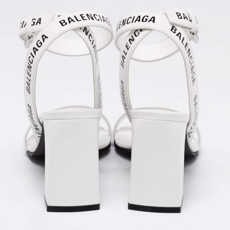 Pre Owned Balenciaga White Leather Logo Round Ankle-Strap Sandals Size 35