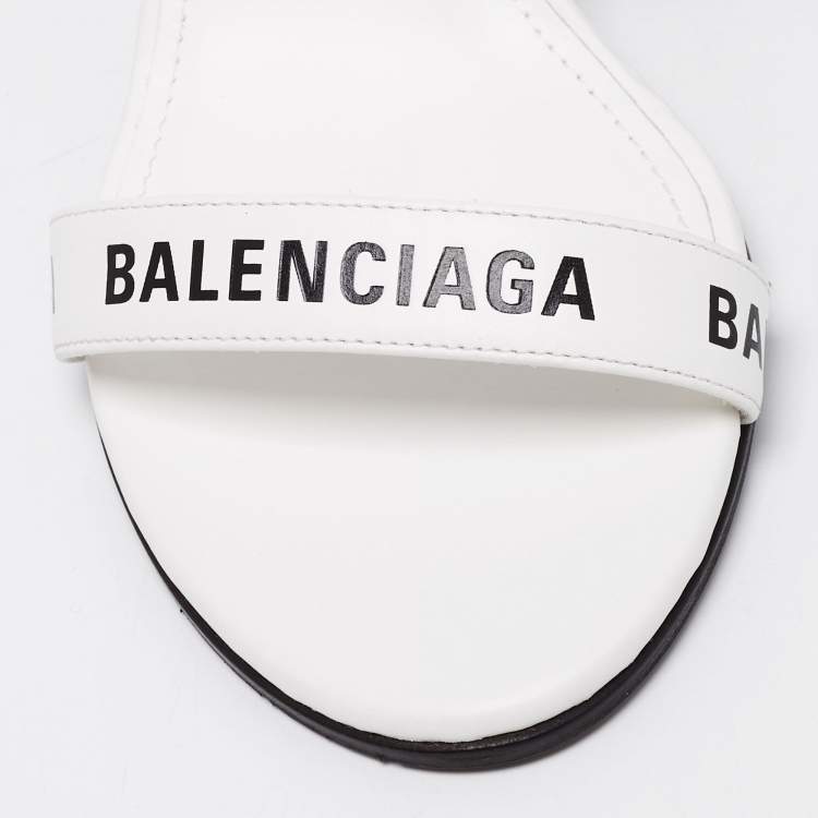 Pre Owned Balenciaga White Leather Logo Round Ankle-Strap Sandals Size 35