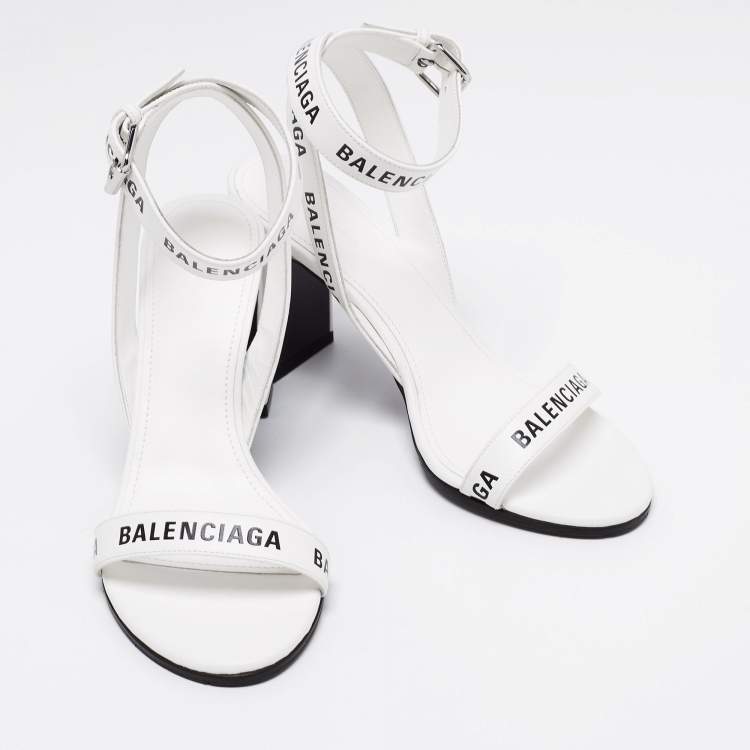 Pre Owned Balenciaga White Leather Logo Round Ankle-Strap Sandals Size 35