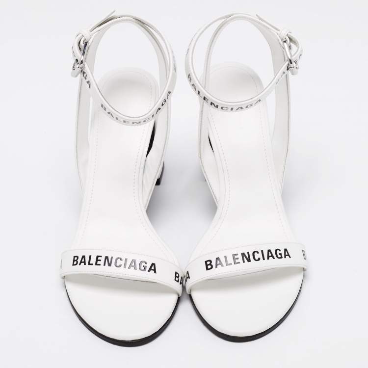Pre Owned Balenciaga White Leather Logo Round Ankle-Strap Sandals Size 35