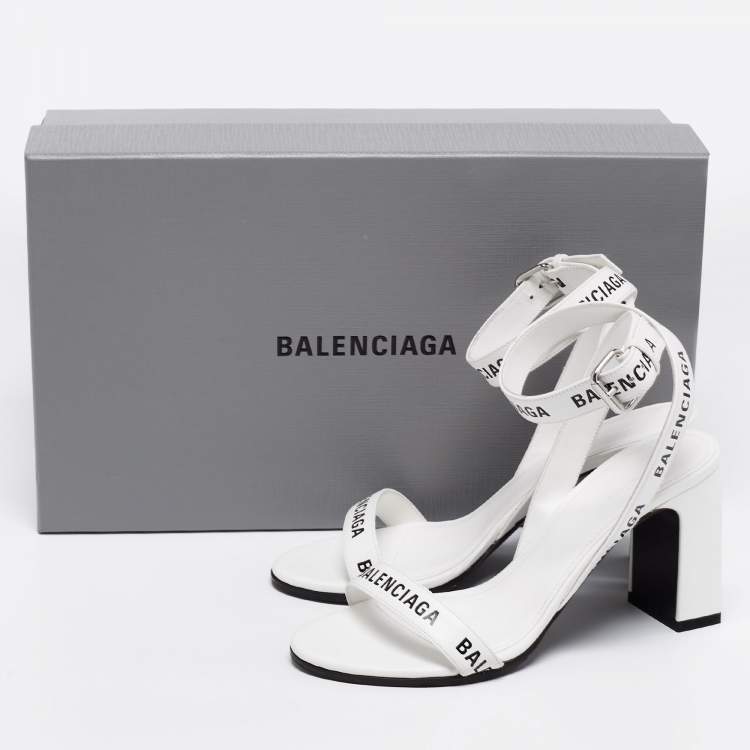 Pre Owned Balenciaga White Leather Logo Round Ankle-Strap Sandals Size 35