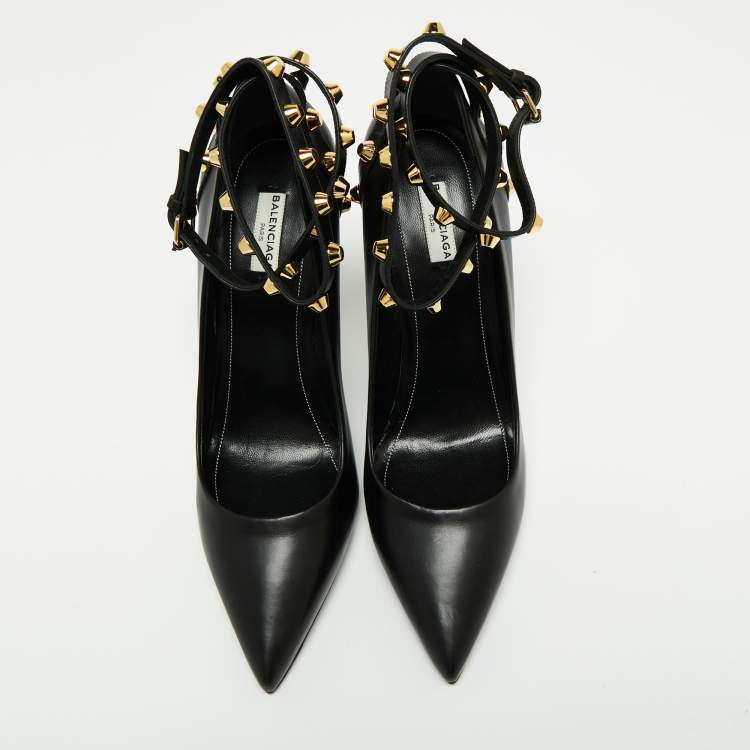 Pre Owned Balenciaga Black Leather Studded Pointed Toe Ankle Wrap Pumps Size 41