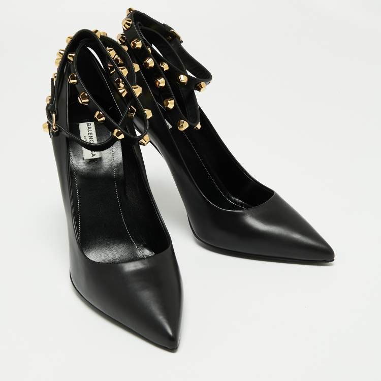 Pre Owned Balenciaga Black Leather Studded Pointed Toe Ankle Wrap Pumps Size 41