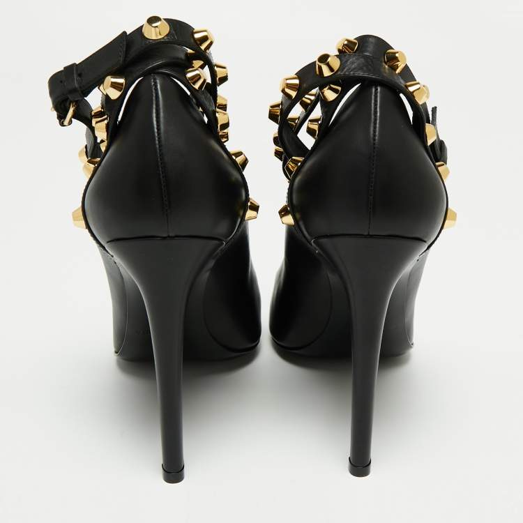 Pre Owned Balenciaga Black Leather Studded Pointed Toe Ankle Wrap Pumps Size 41