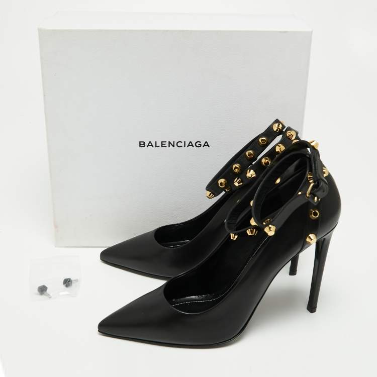 Pre Owned Balenciaga Black Leather Studded Pointed Toe Ankle Wrap Pumps Size 41