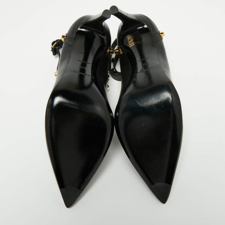 Pre Owned Balenciaga Black Leather Studded Pointed Toe Ankle Wrap Pumps Size 41