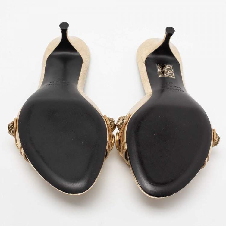 Pre Owned Balenciaga Gold Leather Cagole Slide Sandals Size 37