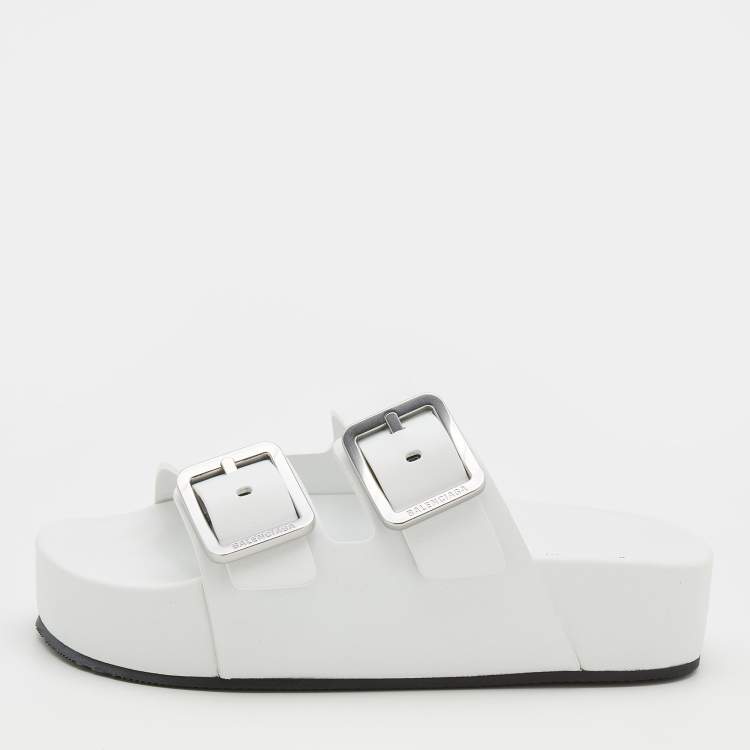 Pre Owned Balenciaga White Leather Buckle Platform Slide Size 38