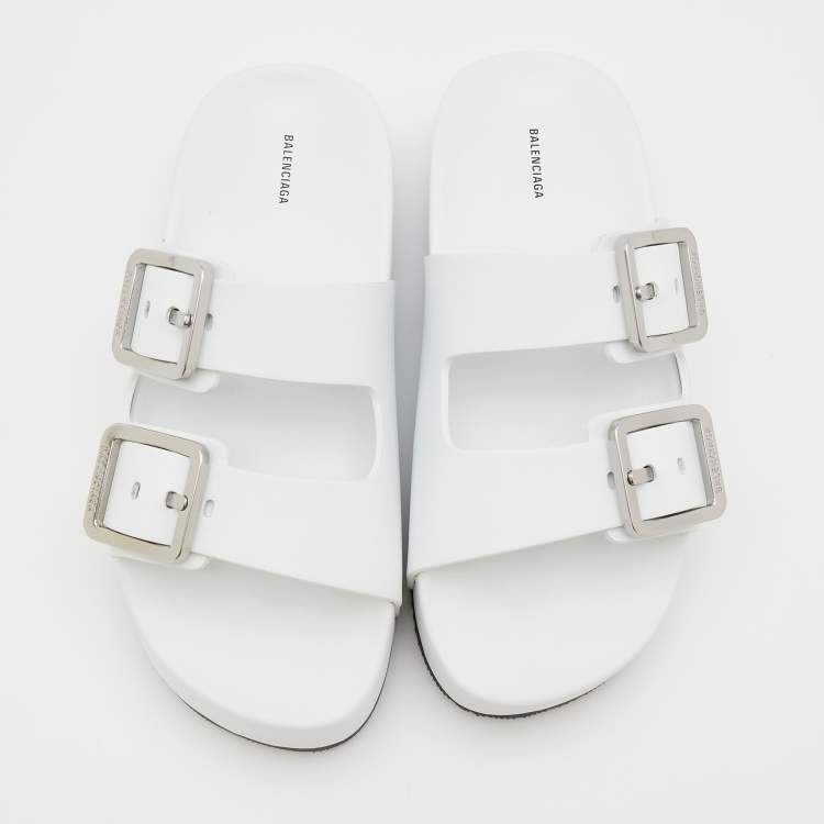 Pre Owned Balenciaga White Leather Buckle Platform Slide Size 38