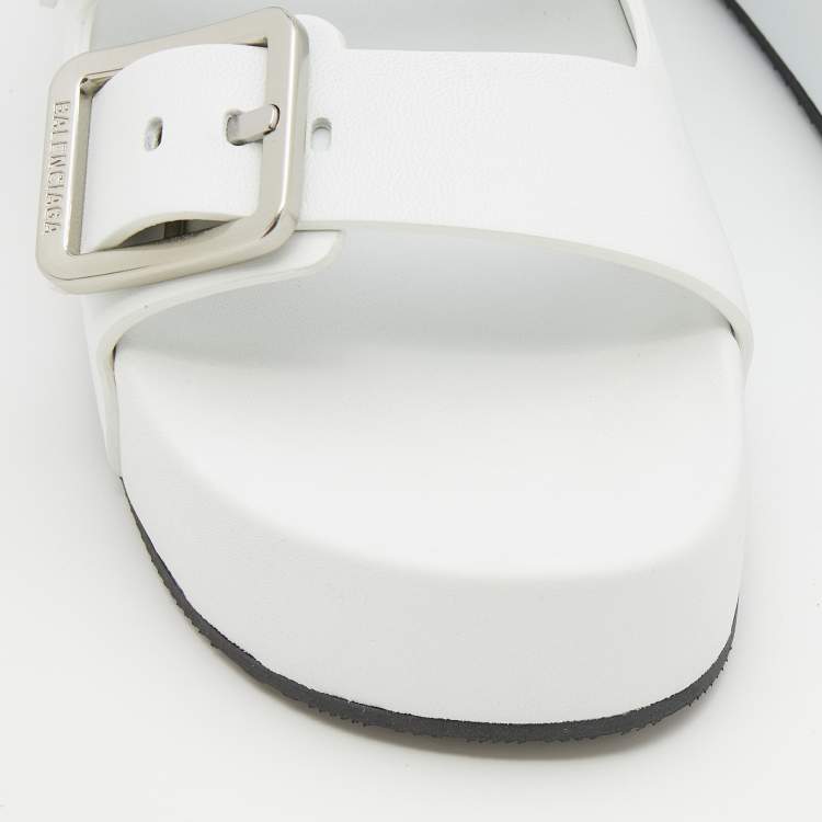 Pre Owned Balenciaga White Leather Buckle Platform Slide Size 38