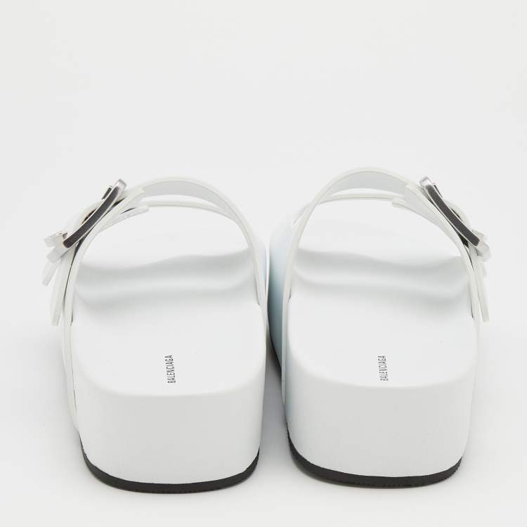 Pre Owned Balenciaga White Leather Buckle Platform Slide Size 38