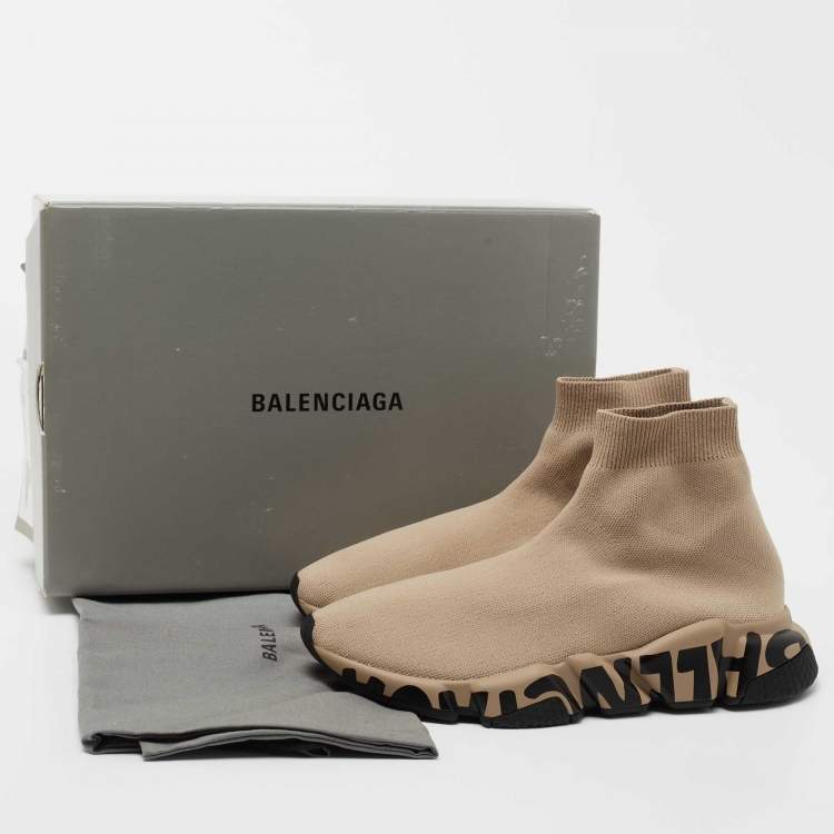 Pre Owned Balenciaga Beige Knit Fabric  Speed Graffiti Sneakers Size 38