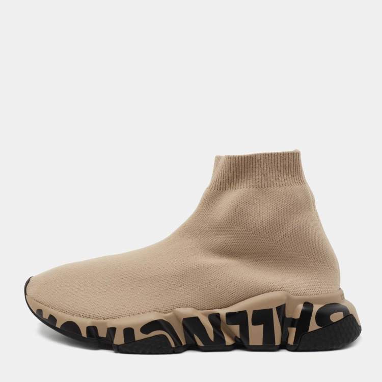 Pre Owned Balenciaga Beige Knit Fabric  Speed Graffiti Sneakers Size 38