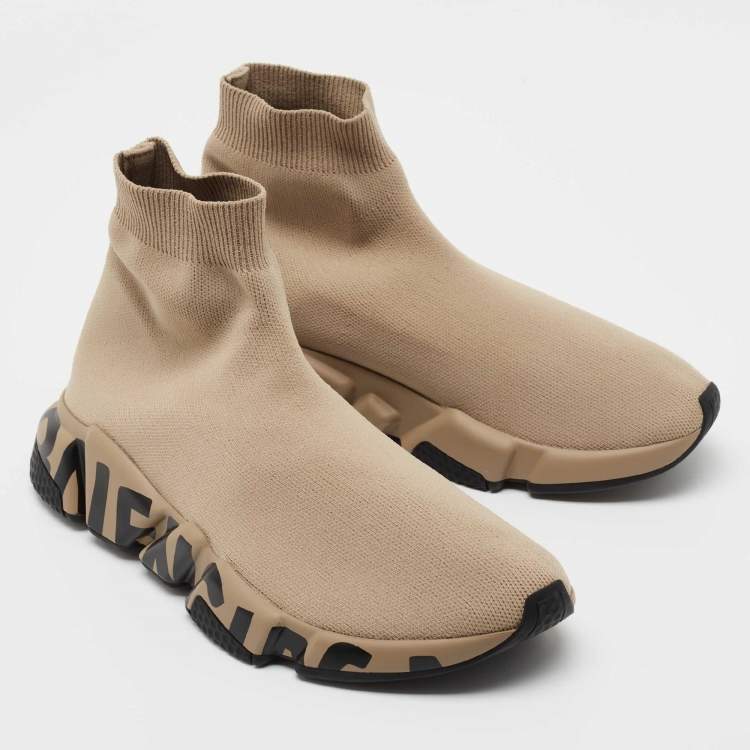 Pre Owned Balenciaga Beige Knit Fabric  Speed Graffiti Sneakers Size 38