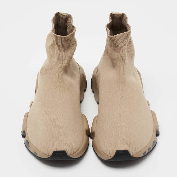 Pre Owned Balenciaga Beige Knit Fabric  Speed Graffiti Sneakers Size 38