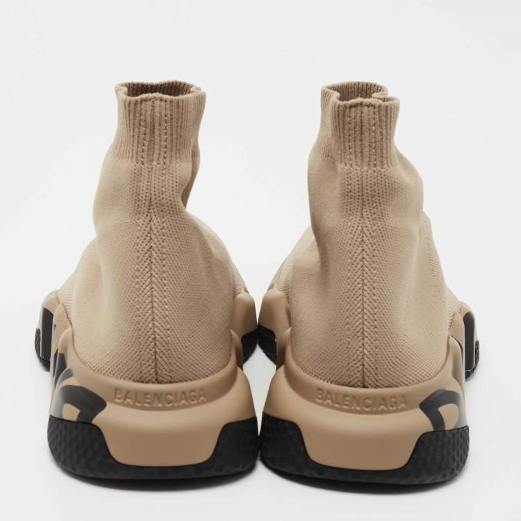 Pre Owned Balenciaga Beige Knit Fabric  Speed Graffiti Sneakers Size 38