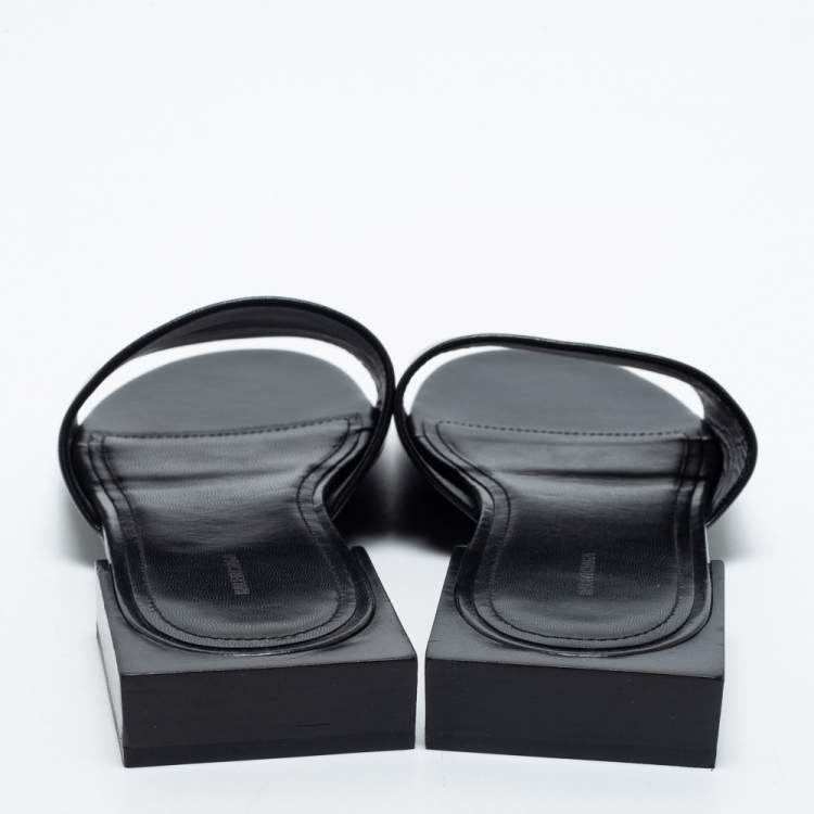 Pre Owned Balenciaga Black Leather Logo Print Flat Slides Size 38.5