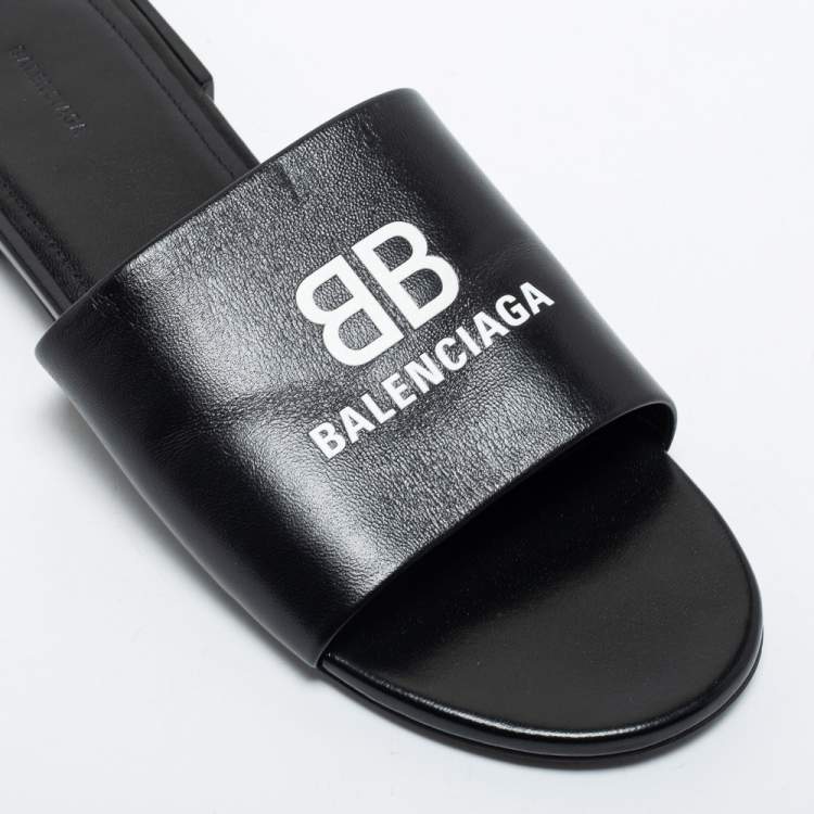 Pre Owned Balenciaga Black Leather Logo Print Flat Slides Size 38.5