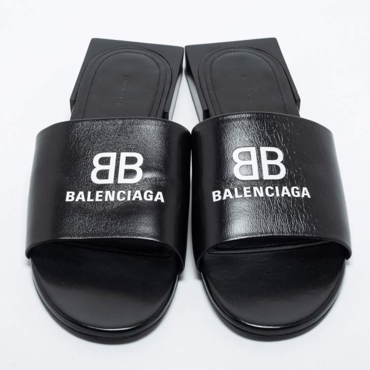 Pre Owned Balenciaga Black Leather Logo Print Flat Slides Size 38.5