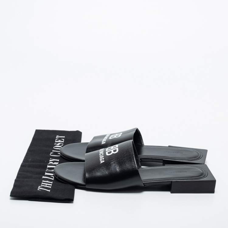Pre Owned Balenciaga Black Leather Logo Print Flat Slides Size 38.5