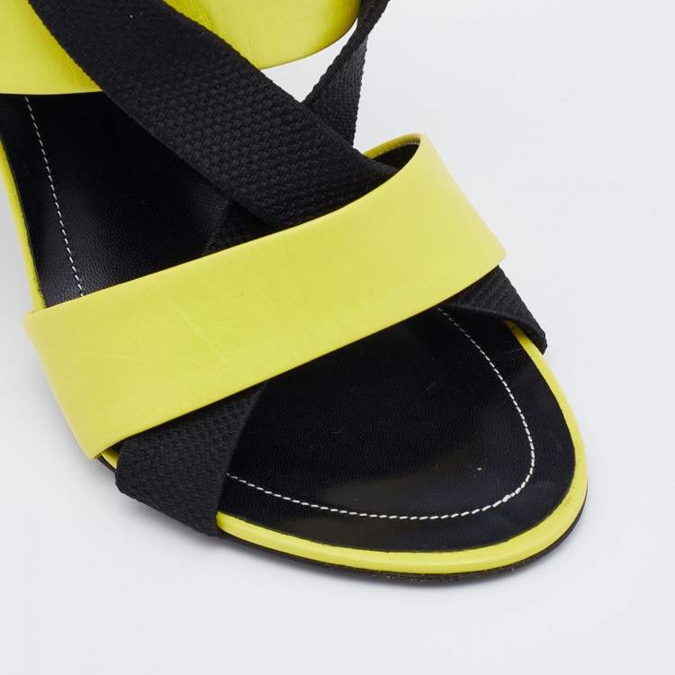 Pre Owned Balenciaga Yellow/Black Leather and Elastic Strappy Sandals Size 36