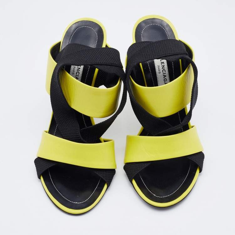 Pre Owned Balenciaga Yellow/Black Leather and Elastic Strappy Sandals Size 36
