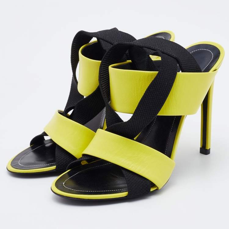 Pre Owned Balenciaga Yellow/Black Leather and Elastic Strappy Sandals Size 36