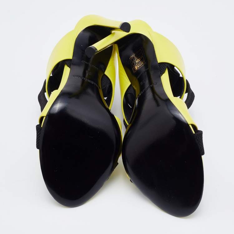 Pre Owned Balenciaga Yellow/Black Leather and Elastic Strappy Sandals Size 36
