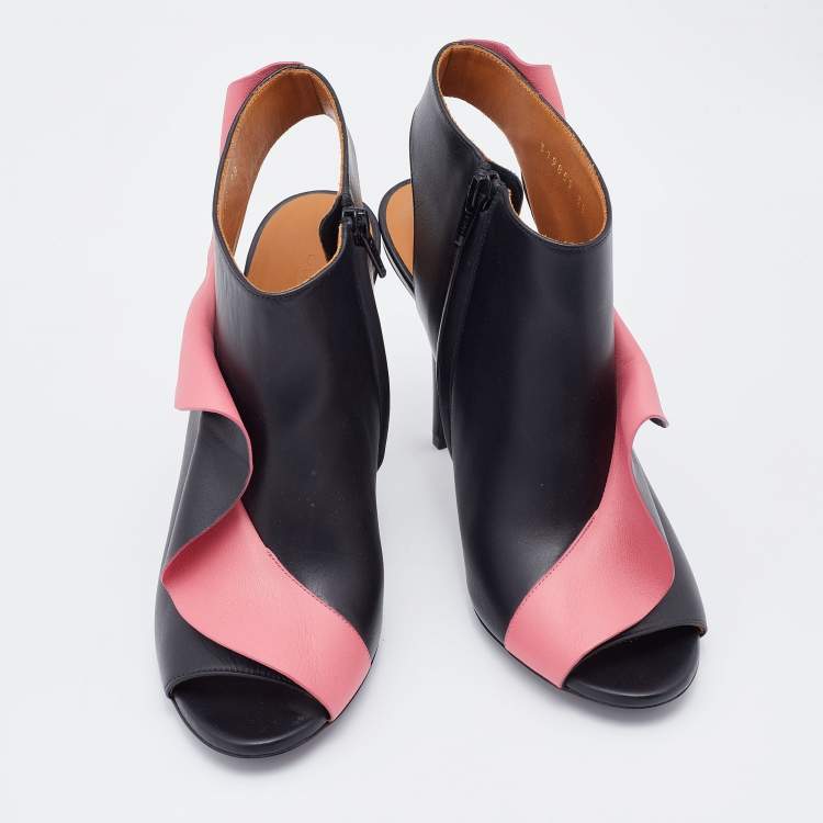 Pre Owned Balenciaga Black/Pink Leather Ruffle Trim Booties Size 38