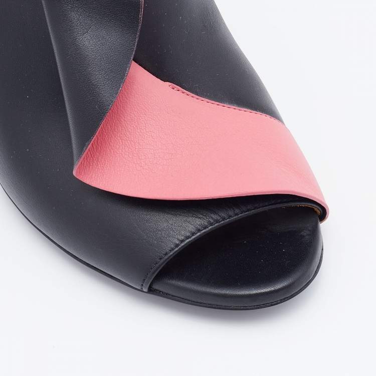Pre Owned Balenciaga Black/Pink Leather Ruffle Trim Booties Size 38