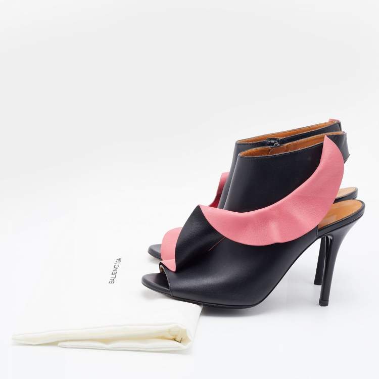 Pre Owned Balenciaga Black/Pink Leather Ruffle Trim Booties Size 38