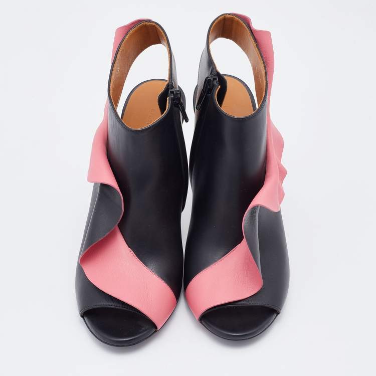 Pre Owned Balenciaga Black/Pink Leather Ruffle Trim Booties Size 38