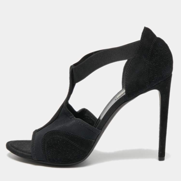 Pre Owned Balenciaga Black Canvas and Suede Open Toe T-Strap Sandals Size 41