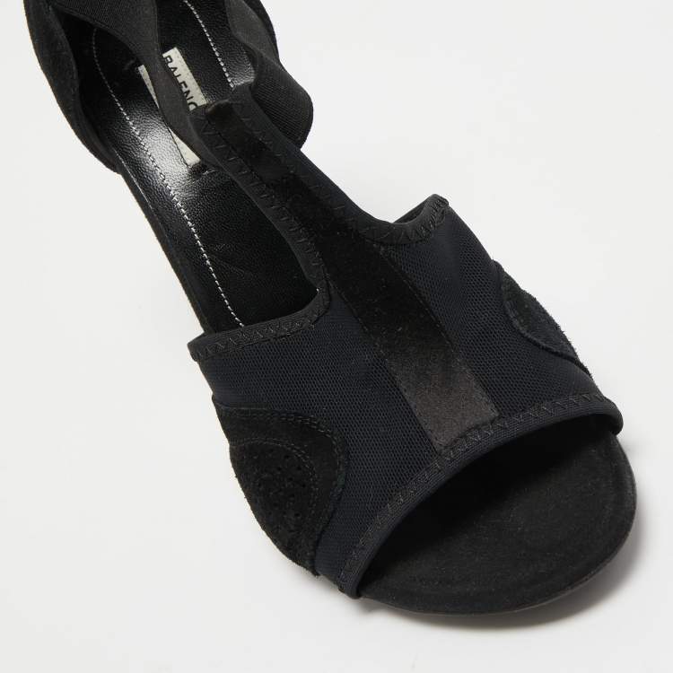 Pre Owned Balenciaga Black Canvas and Suede Open Toe T-Strap Sandals Size 41