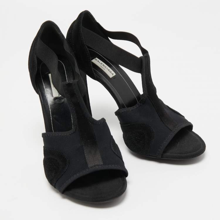 Pre Owned Balenciaga Black Canvas and Suede Open Toe T-Strap Sandals Size 41