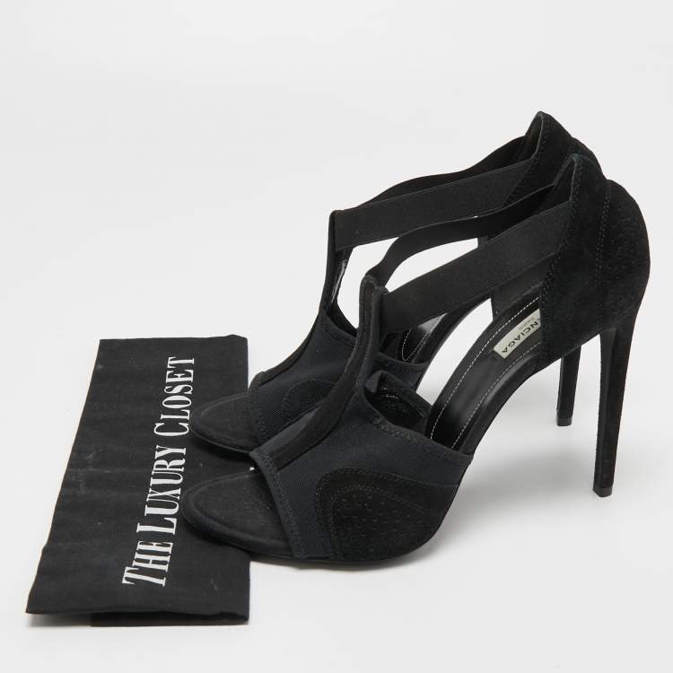 Pre Owned Balenciaga Black Canvas and Suede Open Toe T-Strap Sandals Size 41