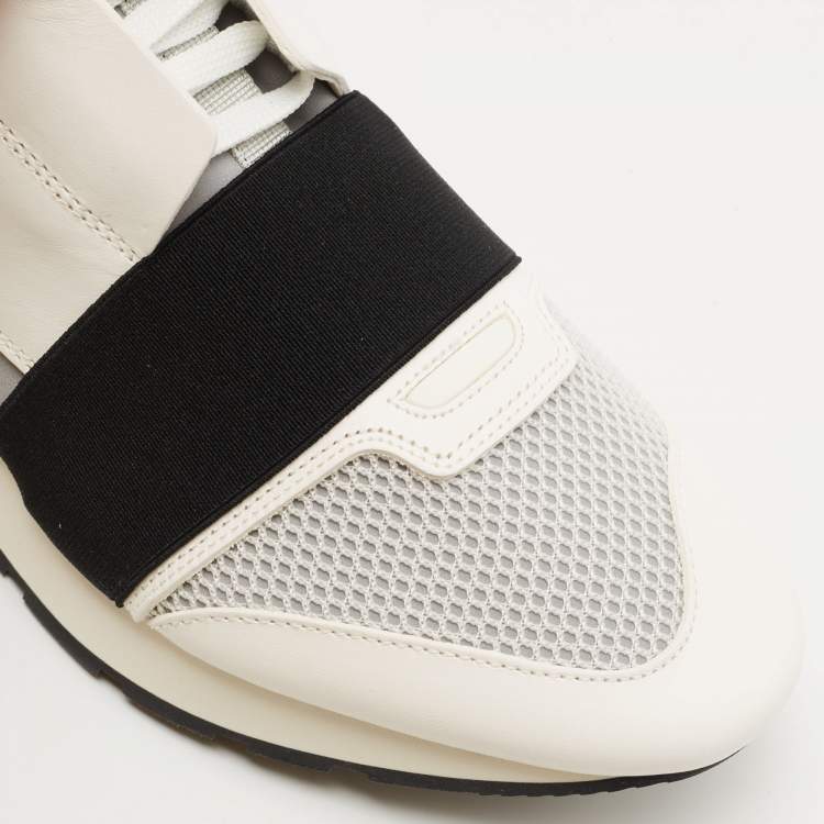 Pre Owned Balenciaga White/Grey Leather and Mesh Race Runner Sneakers Size 44