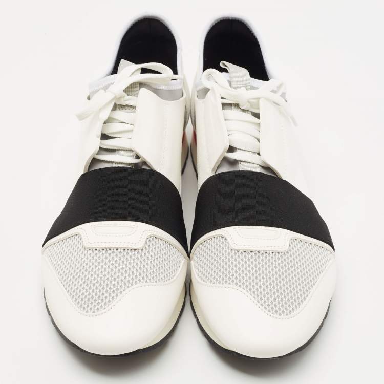 Pre Owned Balenciaga White/Grey Leather and Mesh Race Runner Sneakers Size 44