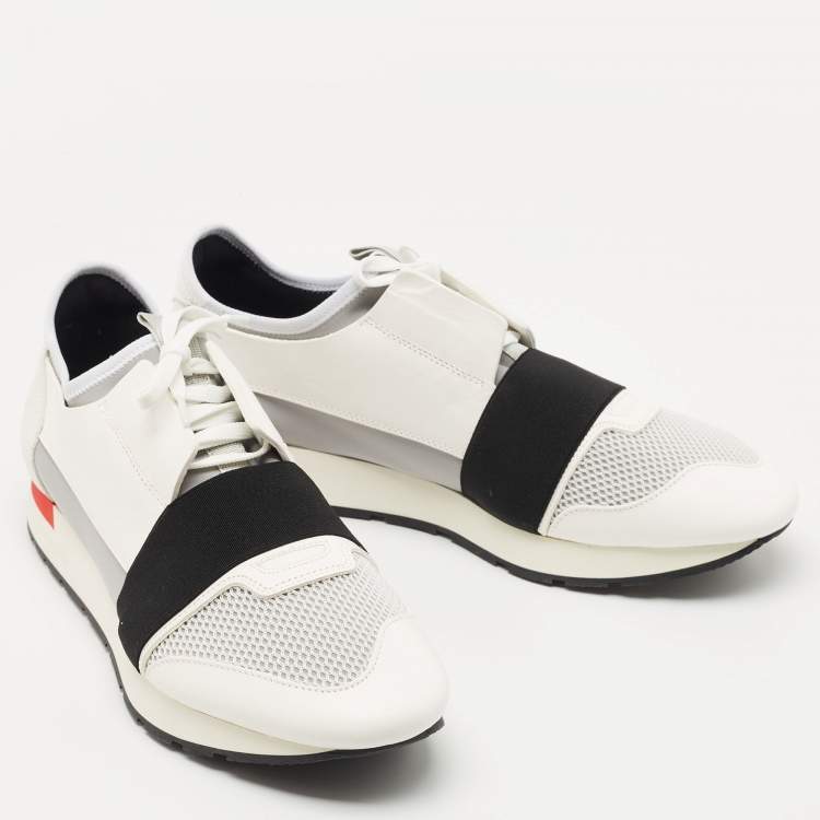 Pre Owned Balenciaga White/Grey Leather and Mesh Race Runner Sneakers Size 44